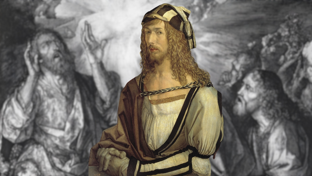 Albrecht Dürer's portrait in front of a background featuring his woodcut artworks, highlighting religious themes and expressions