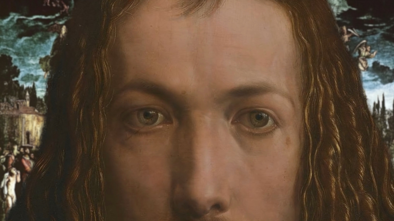 Close-up of Albrecht Dürer's face from his artwork, showcasing intricate details and expressive eyes, set against a background of a Renaissance scene