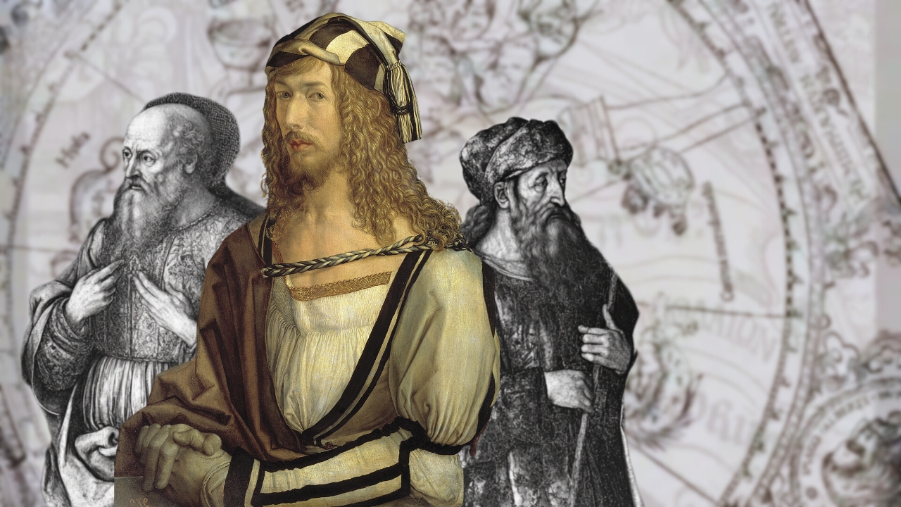 A collage featuring Albrecht Dürer and two other historical figures, with a background of intricate maps and symbols, showcasing the depth of Dürer's artistic expression