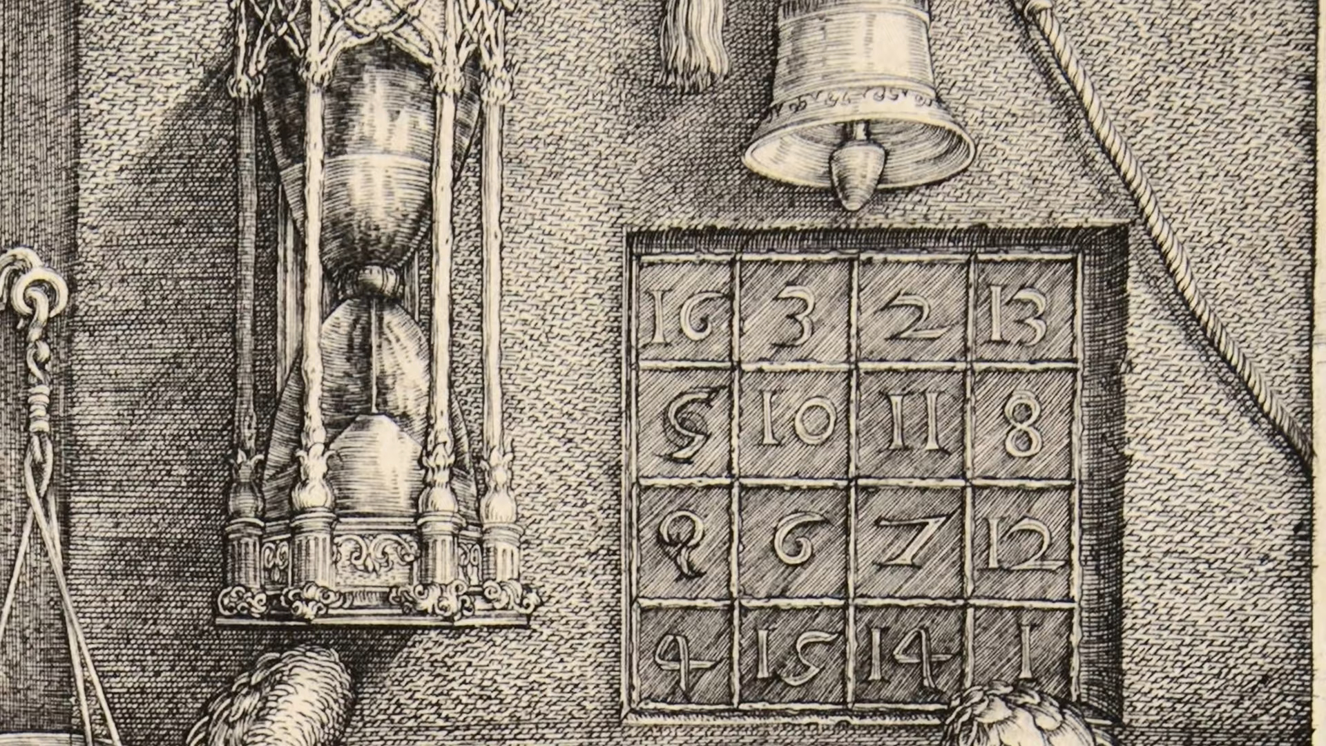 An intricate engraving by Albrecht Dürer featuring an hourglass, a bell, and a numbered grid, showcasing Dürer's detailed line work and symbolism